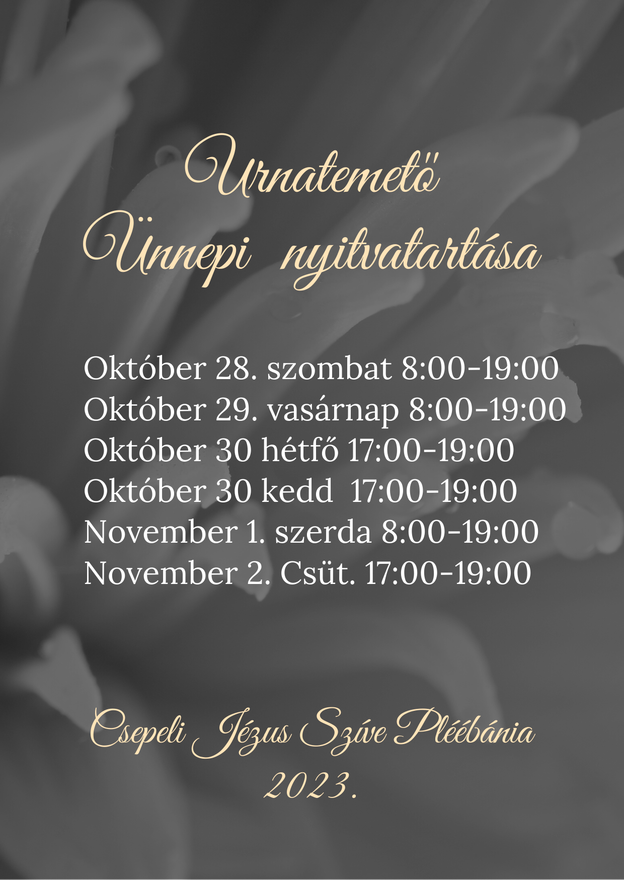 Urnatemető Ünnepi Nyitvatartása